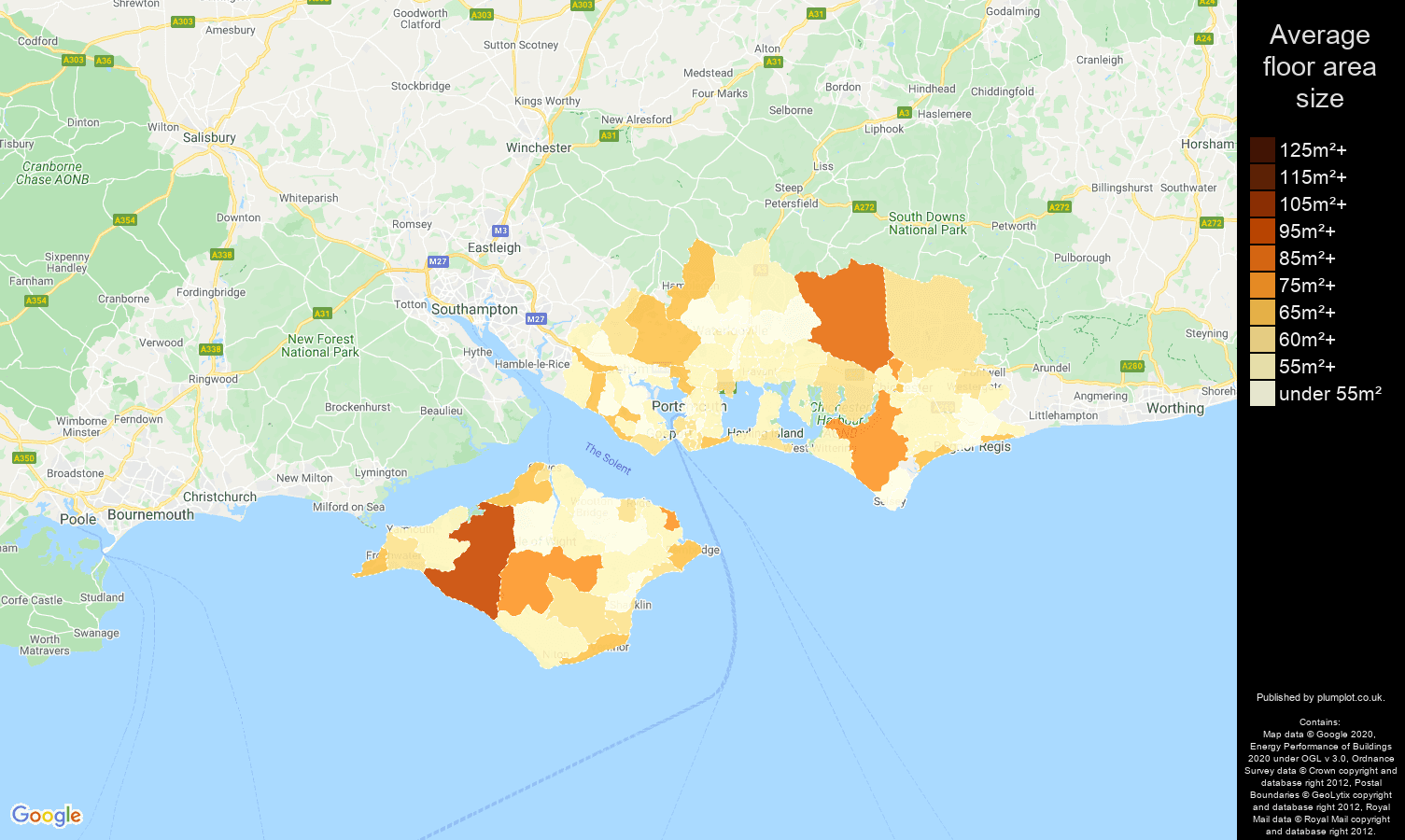 Portsmouth map of average floor area size of flats