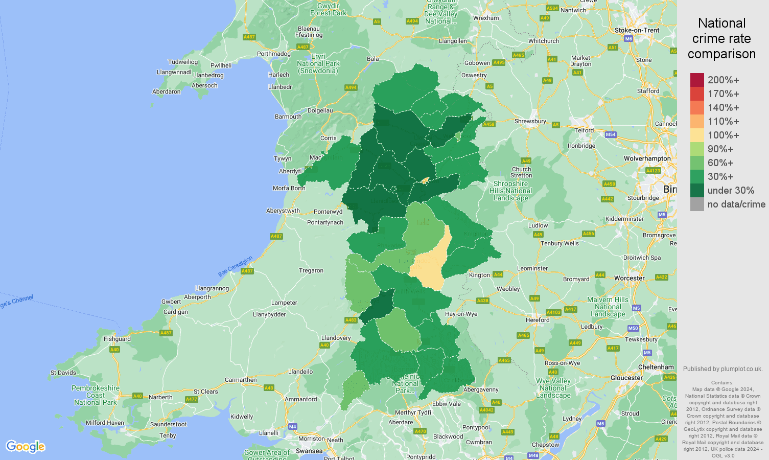 Powys crime rate comparison map