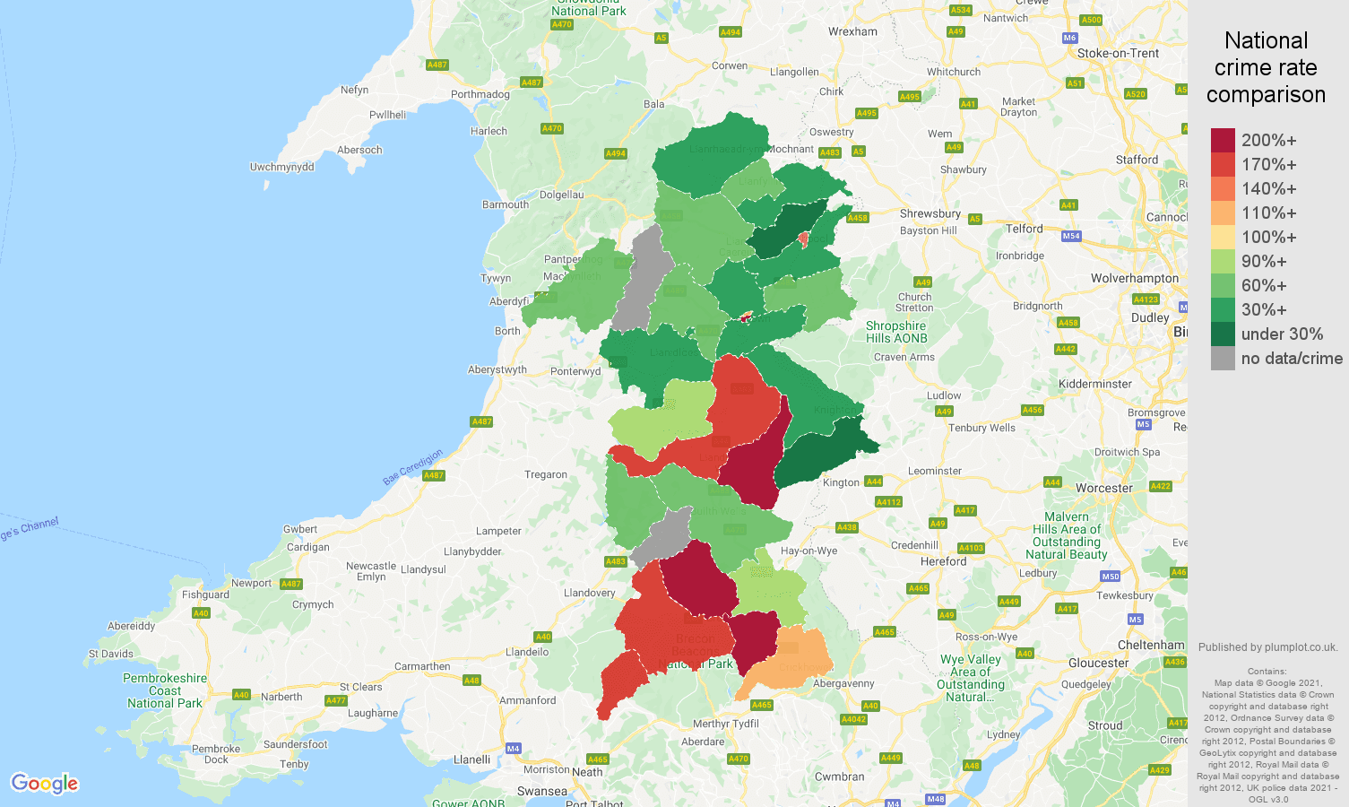 Powys drugs crime rate comparison map