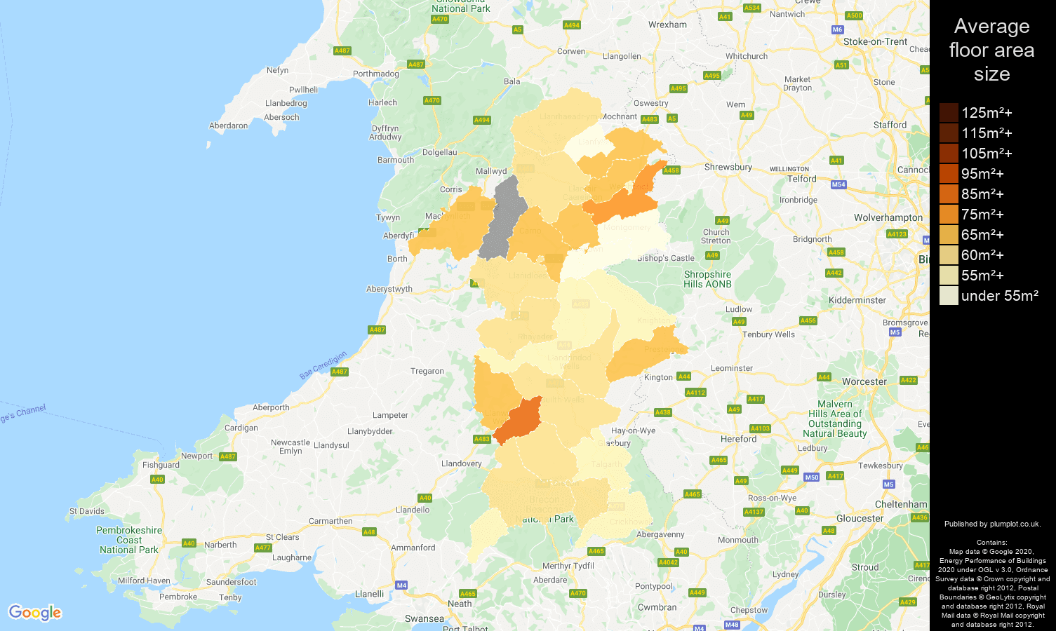 Powys map of average floor area size of flats