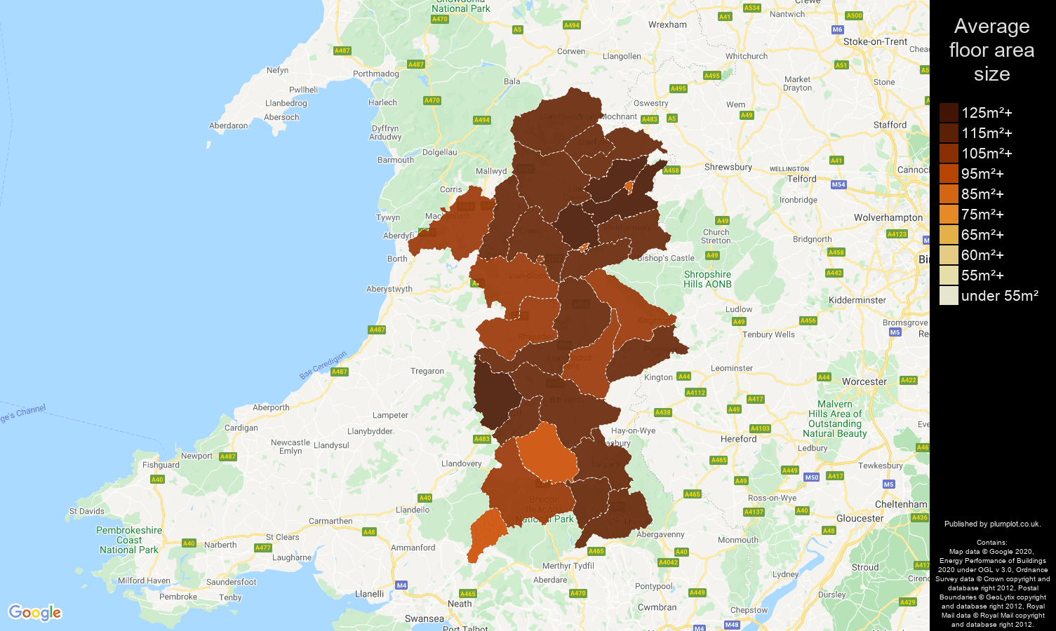 Powys map of average floor area size of houses