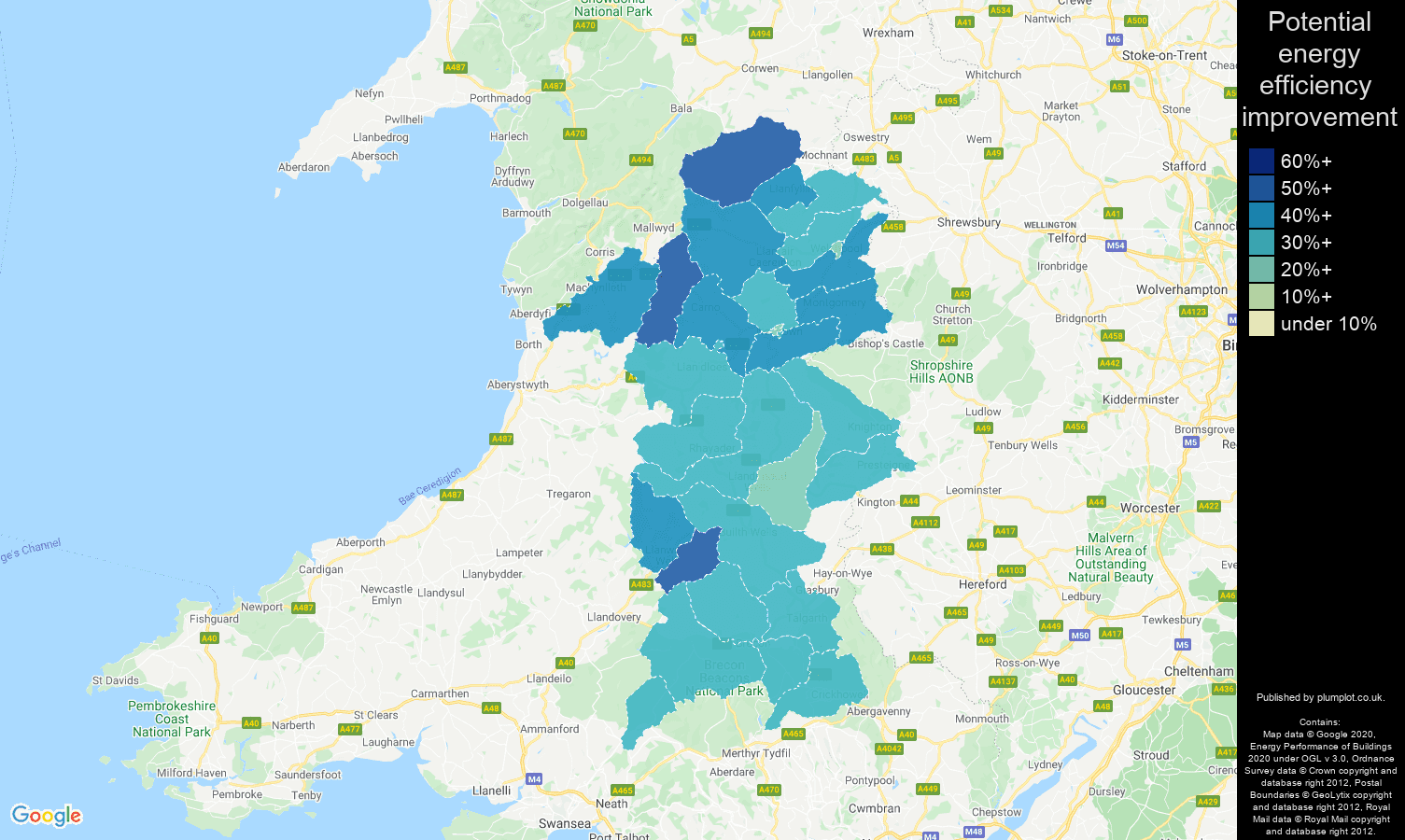 Powys map of potential energy efficiency improvement of houses