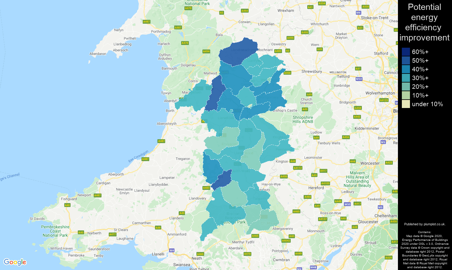 Powys map of potential energy efficiency improvement of properties