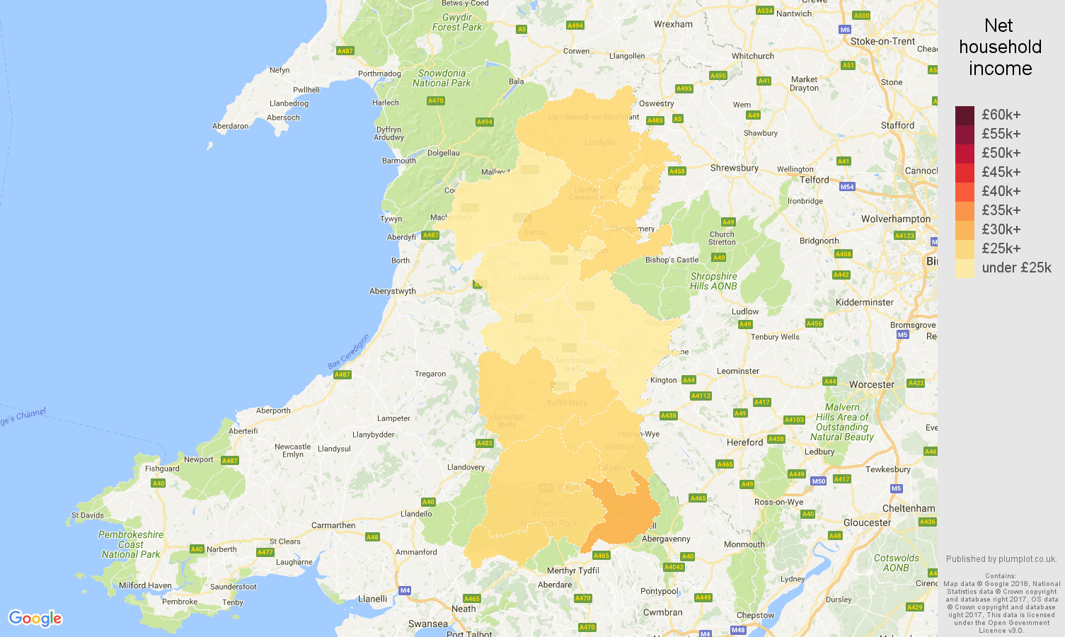 Powys net household income map