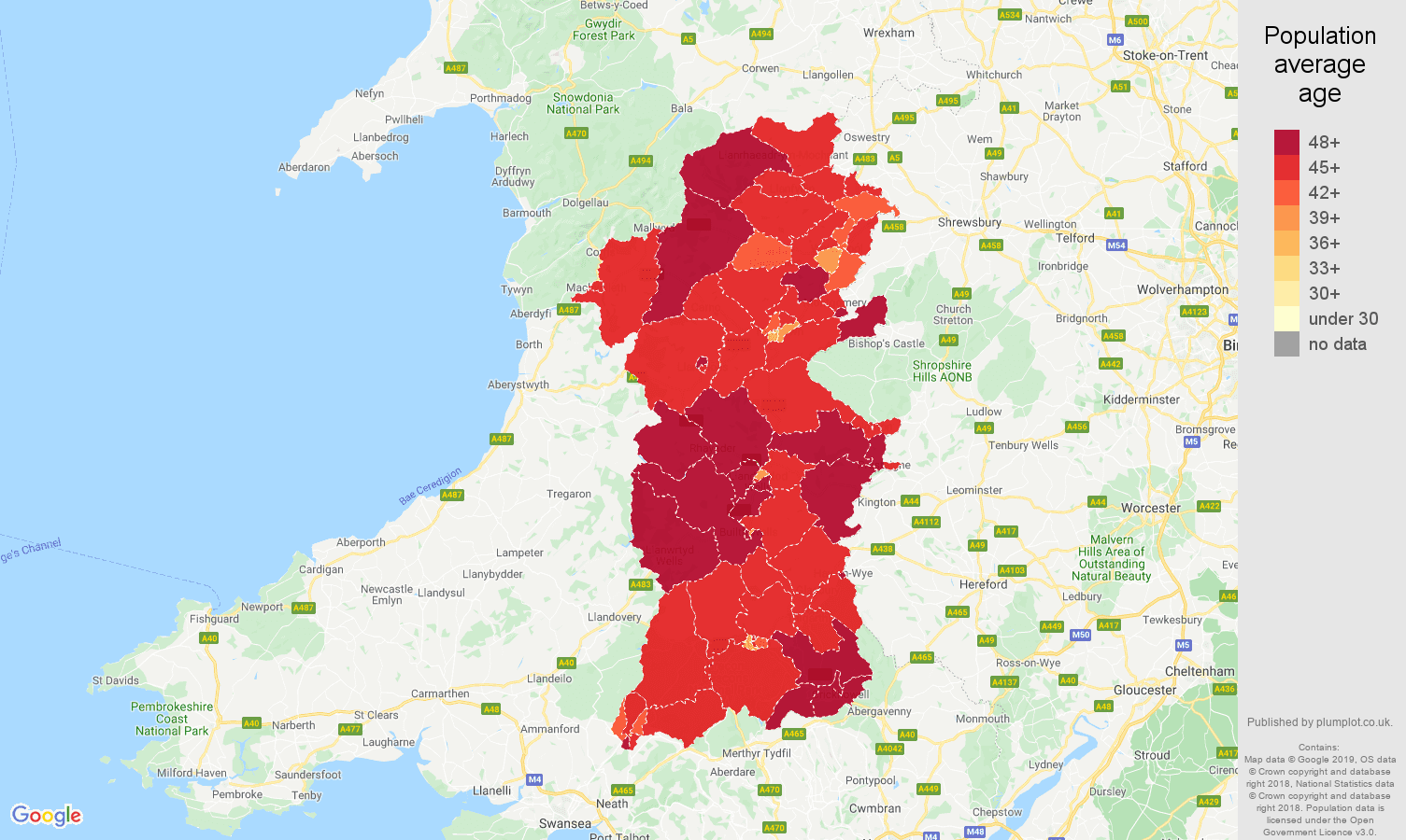 Powys population average age map