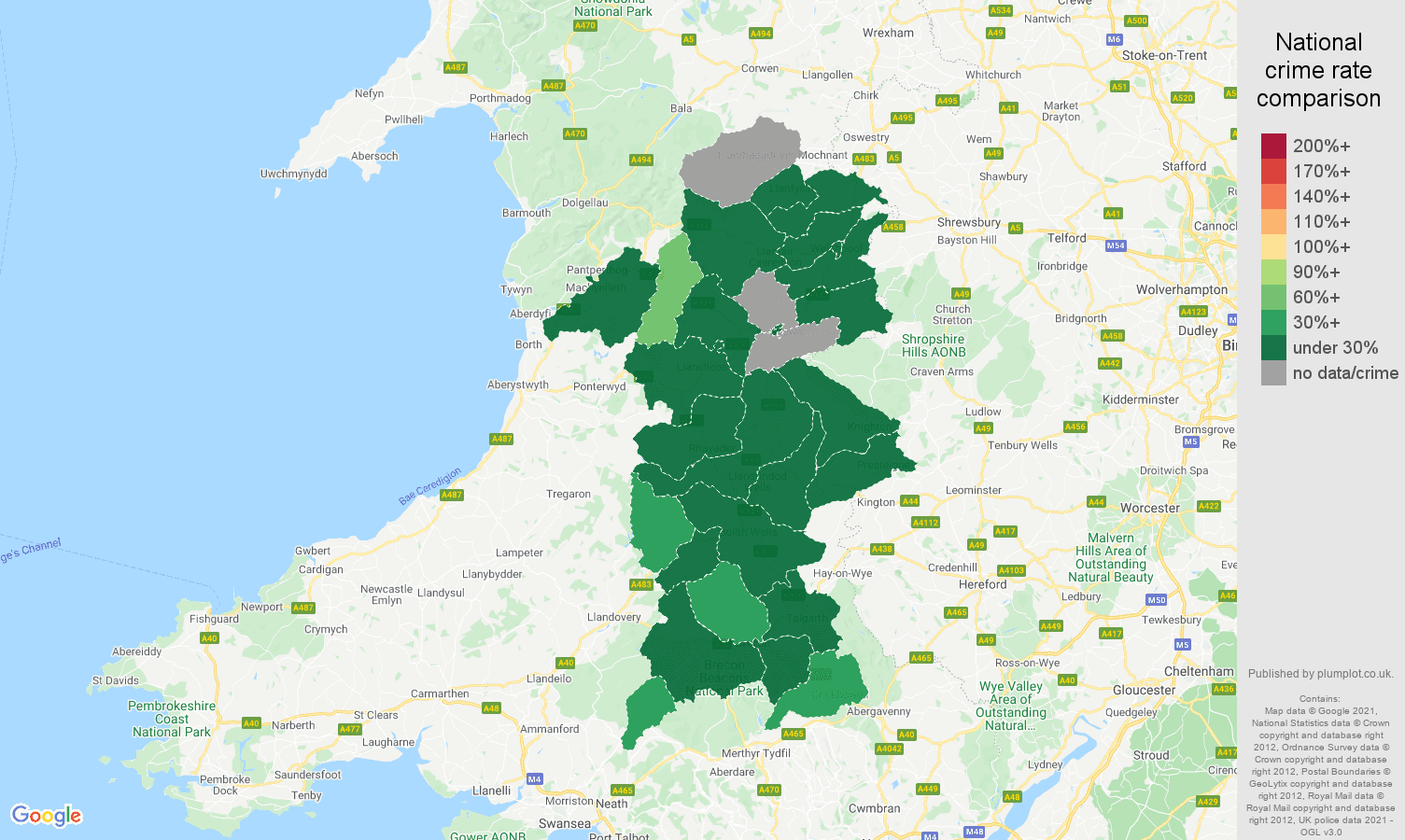 Powys vehicle crime rate comparison map