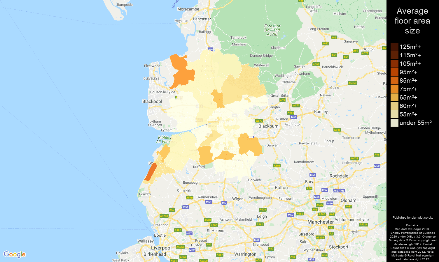 Preston map of average floor area size of flats