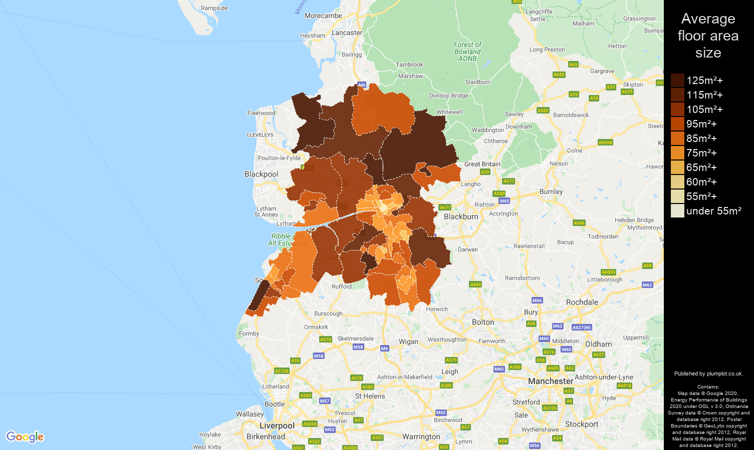 Preston map of average floor area size of properties