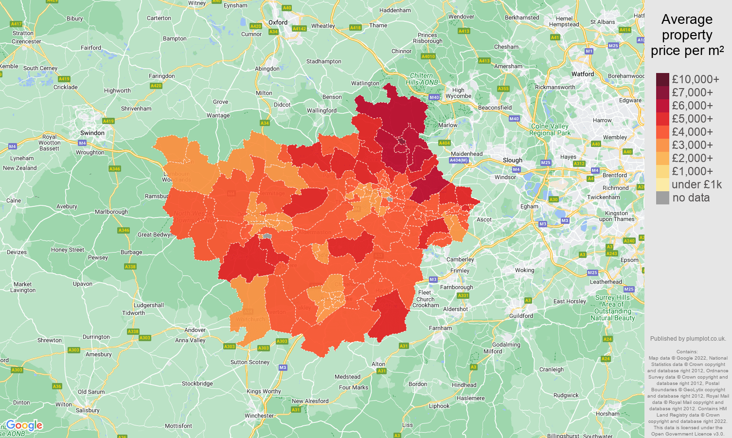 Reading house prices per square metre map