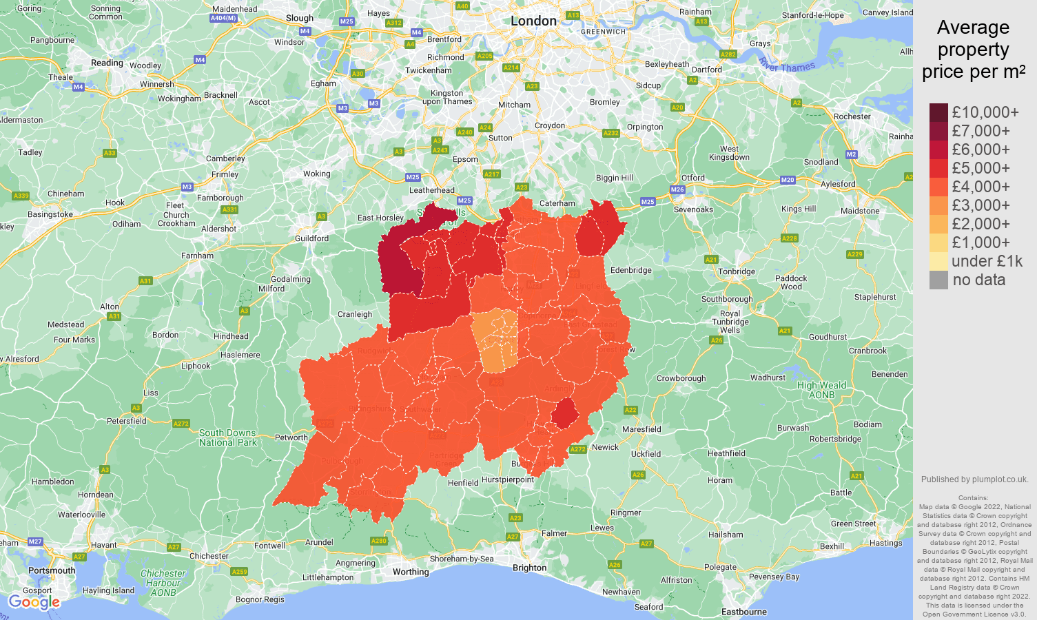 Redhill house prices per square metre map