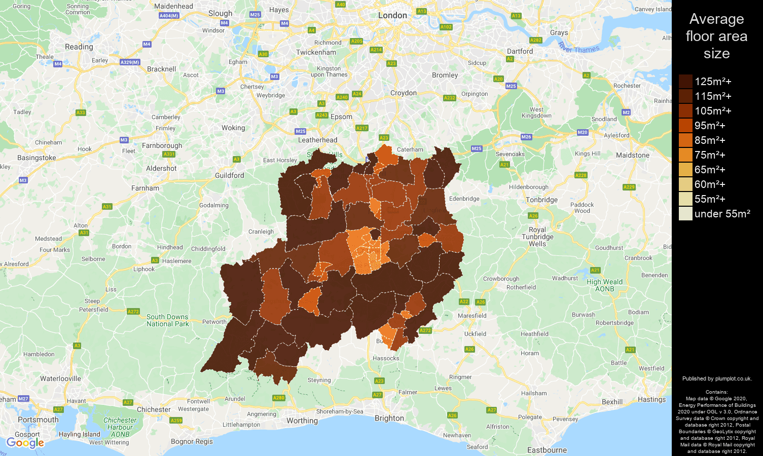 Redhill map of average floor area size of houses