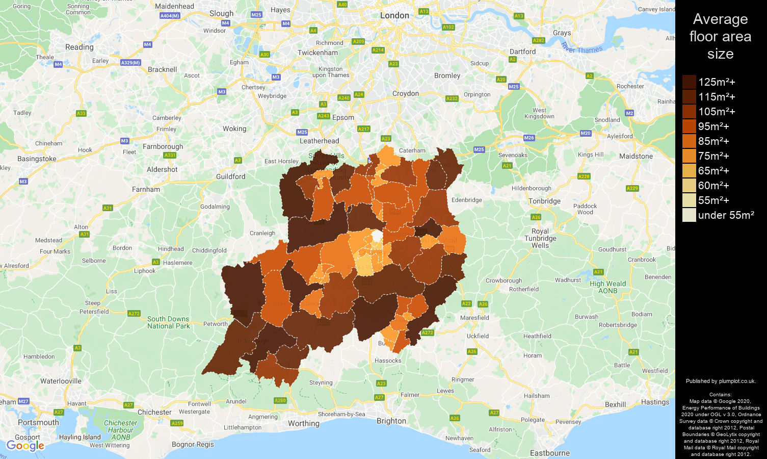 Redhill map of average floor area size of properties