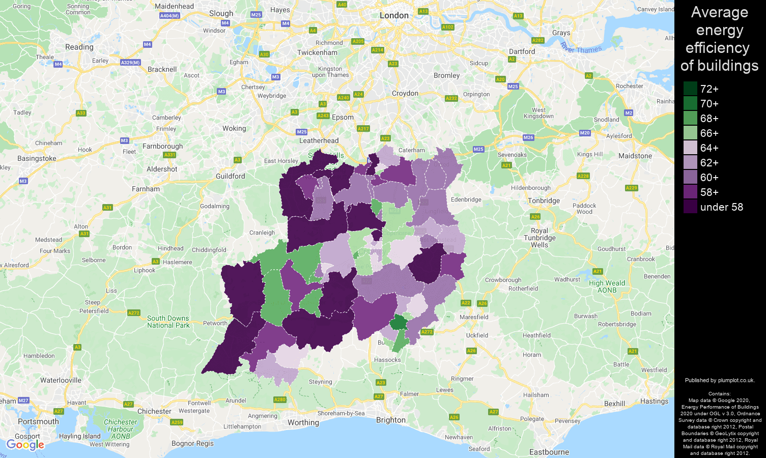 Redhill map of energy efficiency of houses