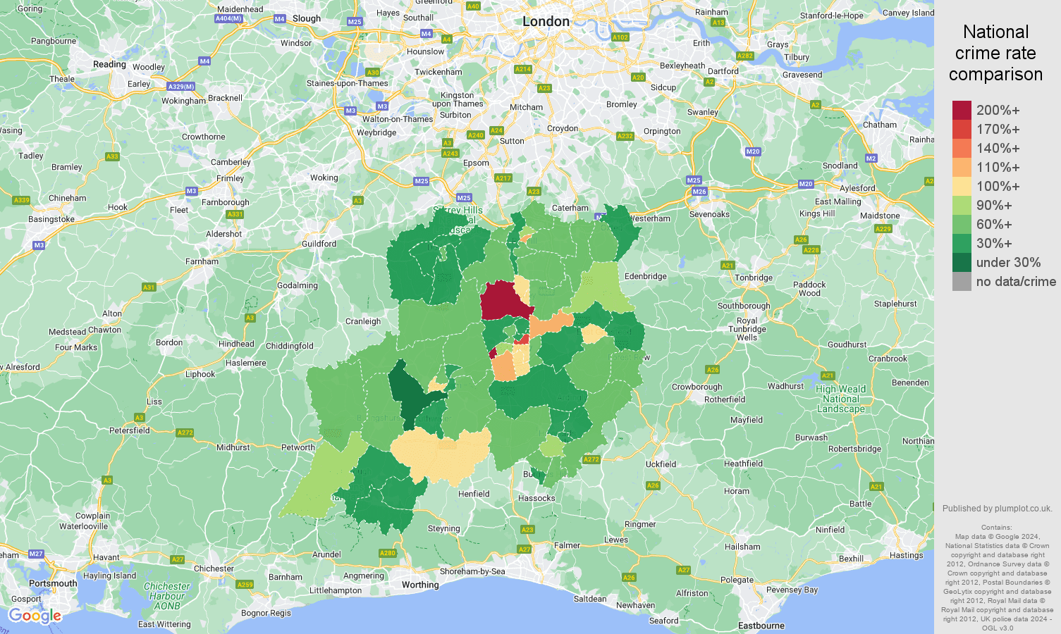 Redhill other theft crime rate comparison map