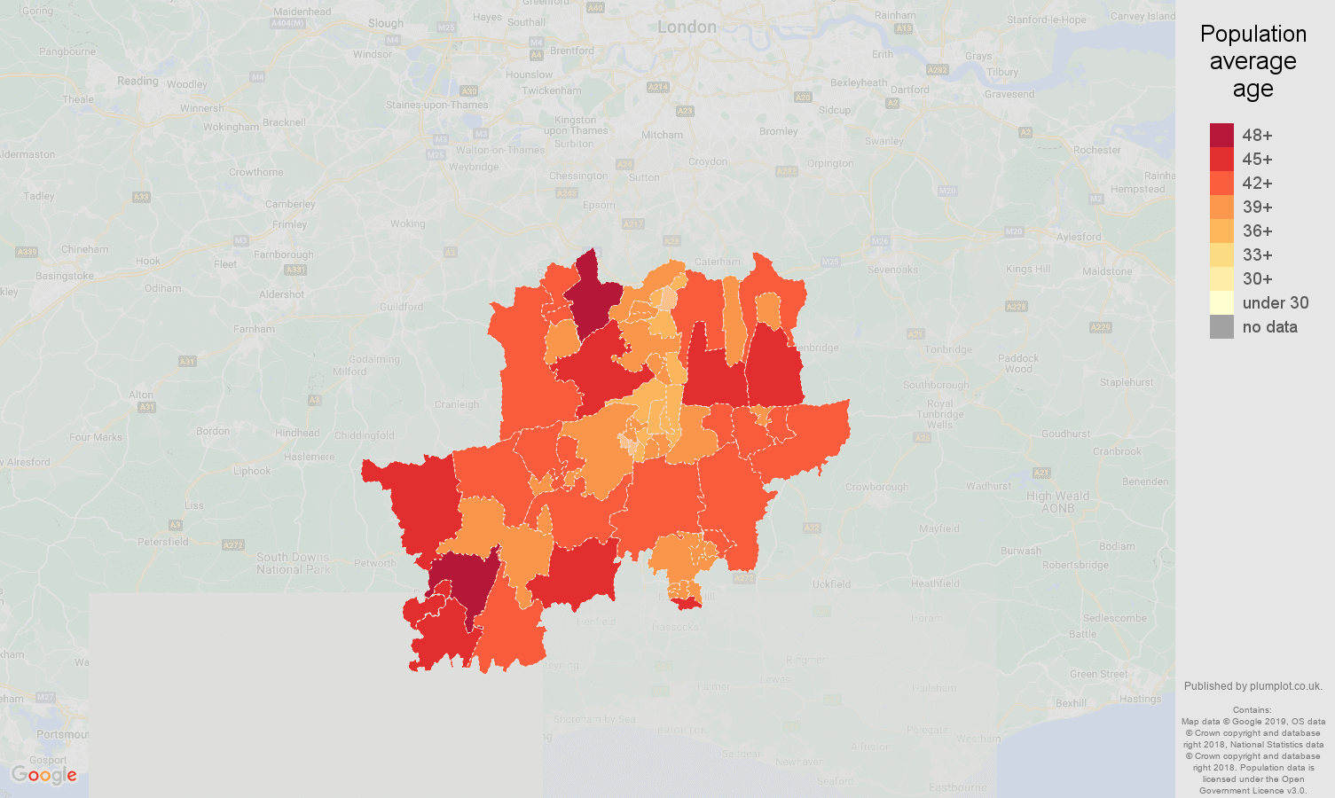 Redhill population average age map