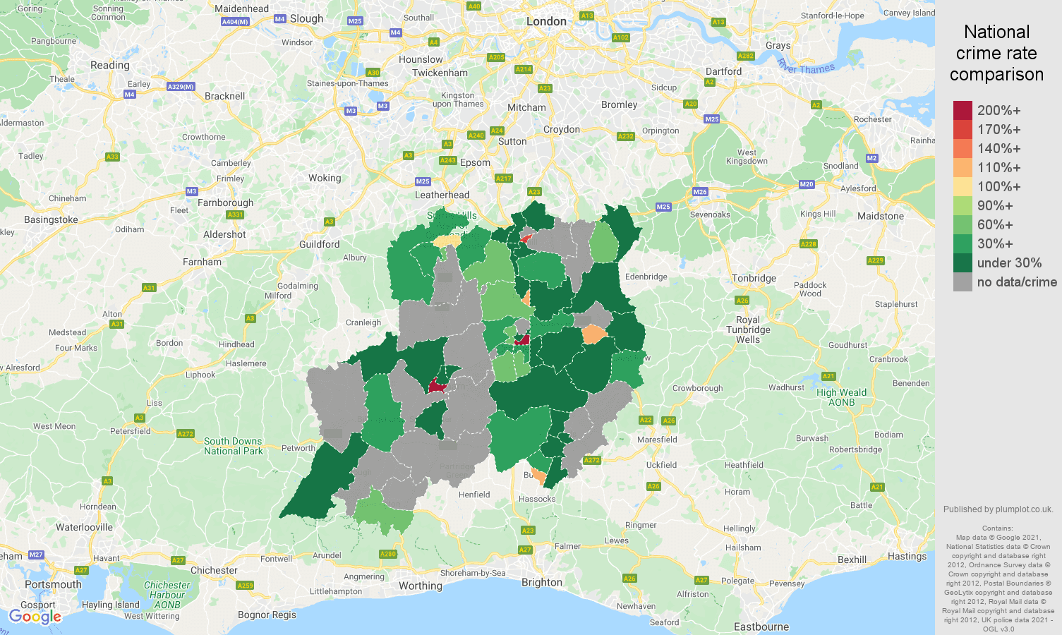 Redhill theft from the person crime rate comparison map