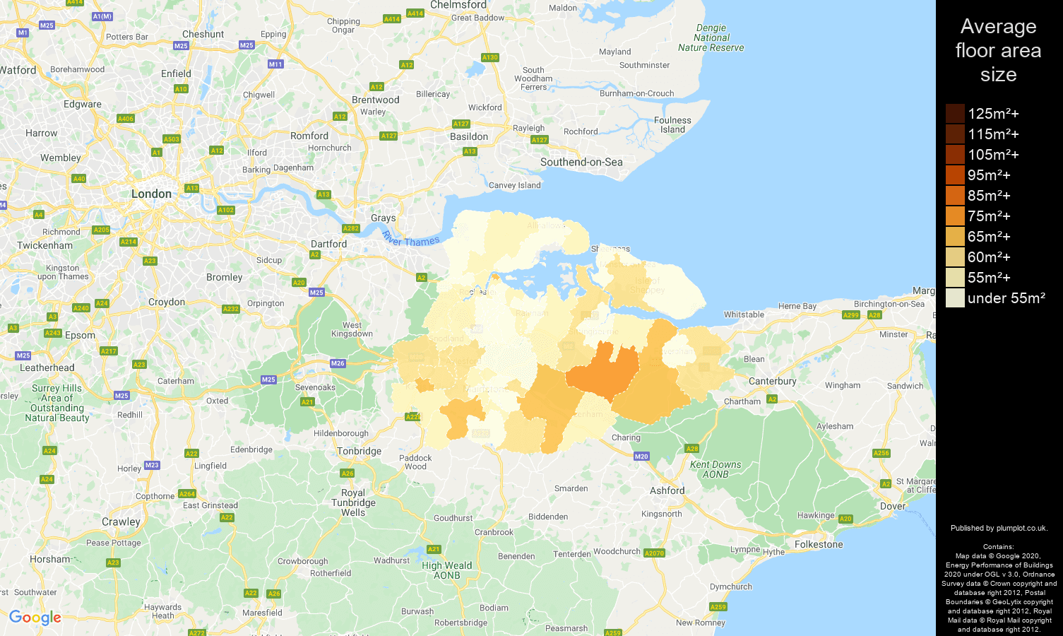 Rochester map of average floor area size of flats