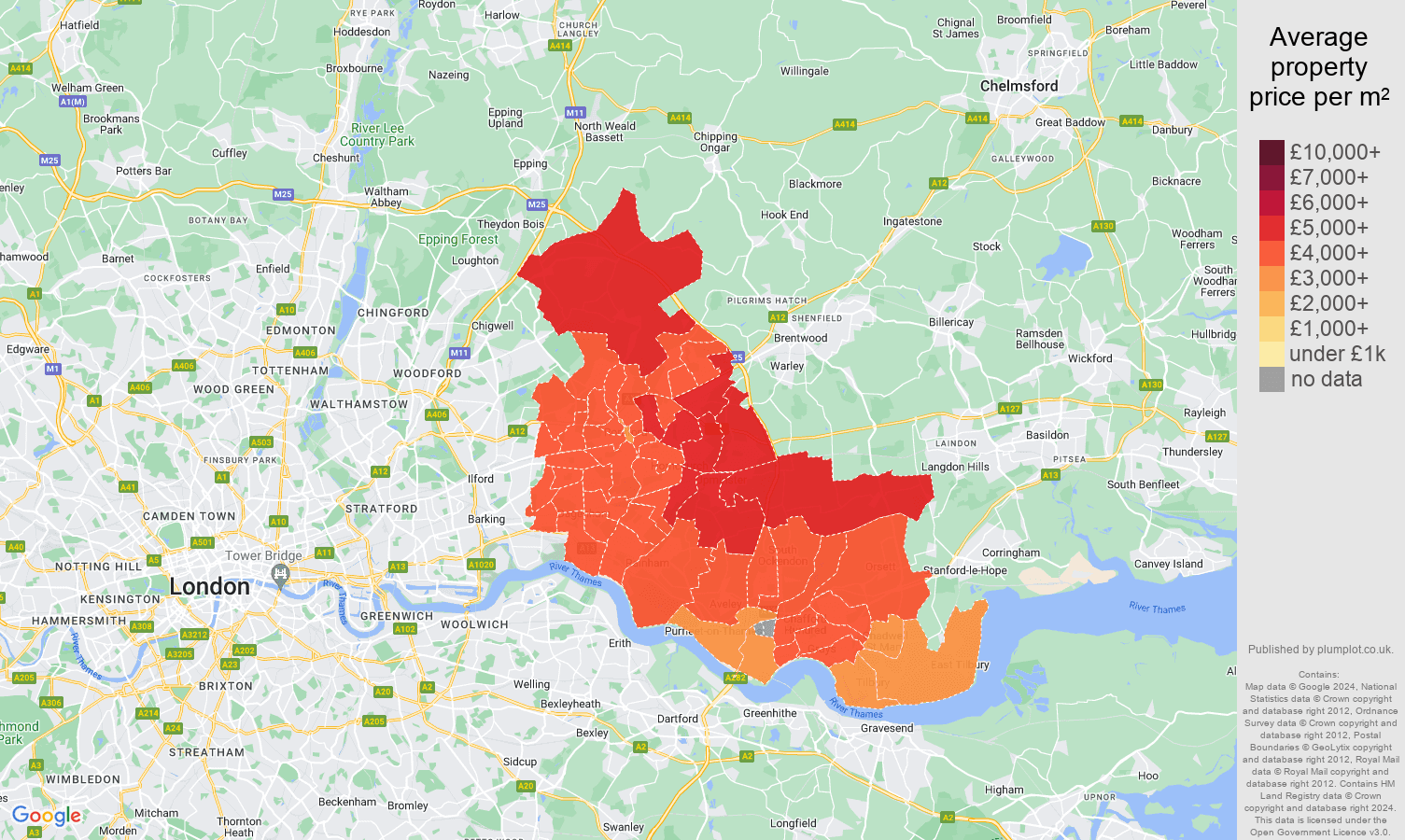Romford house prices per square metre map