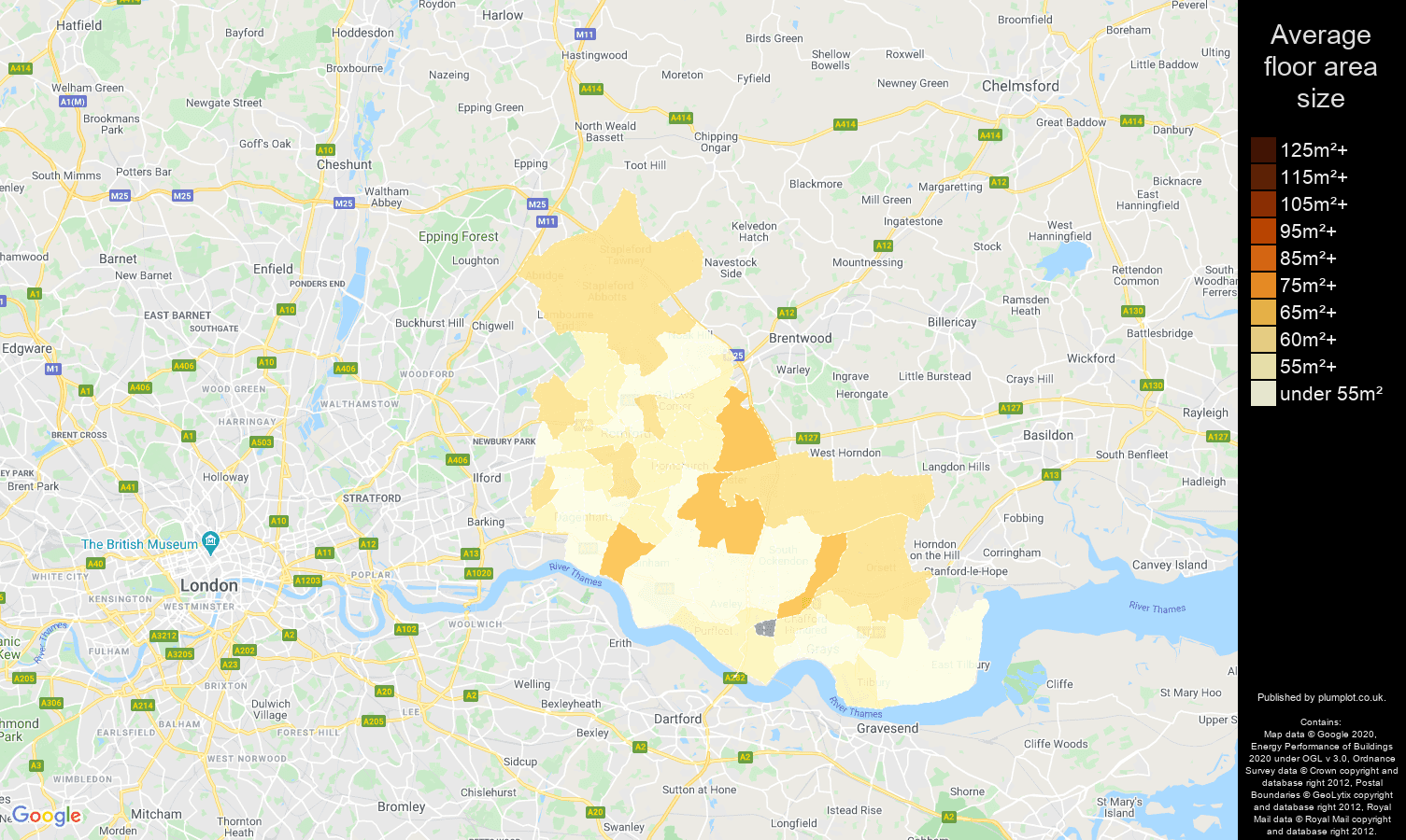 Romford map of average floor area size of flats