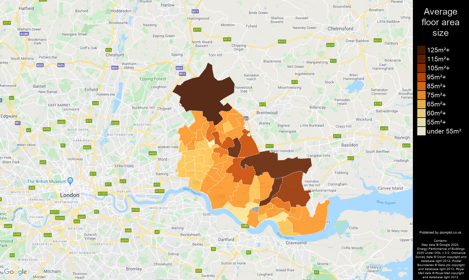 Romford map of average floor area size of properties