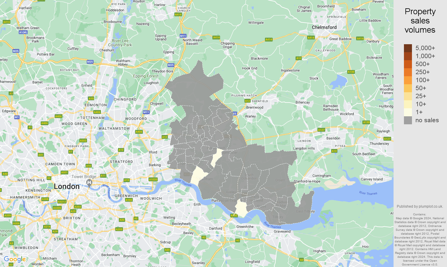 Romford map of sales of new properties