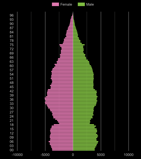 Romford population pyramid by year