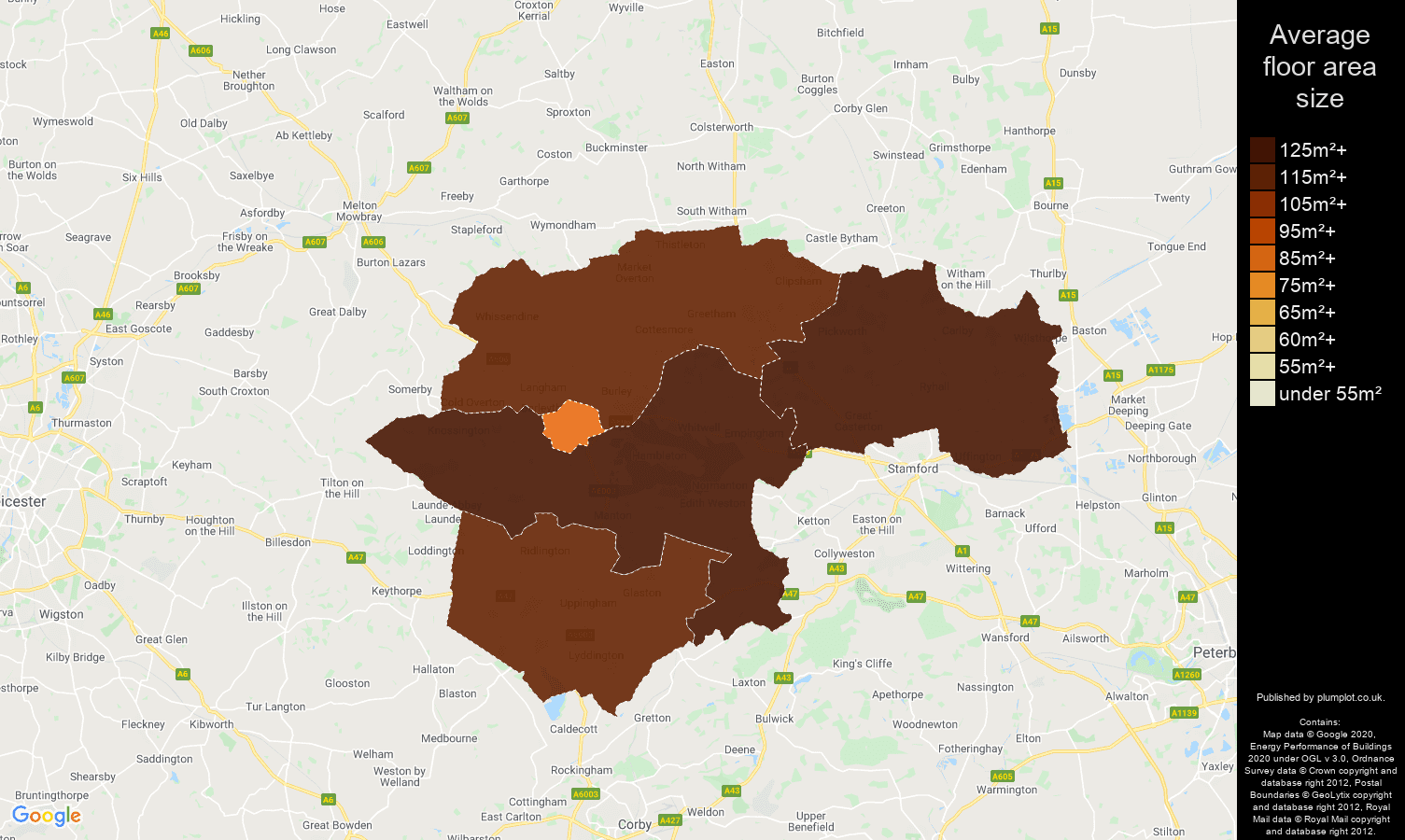 Rutland map of average floor area size of properties