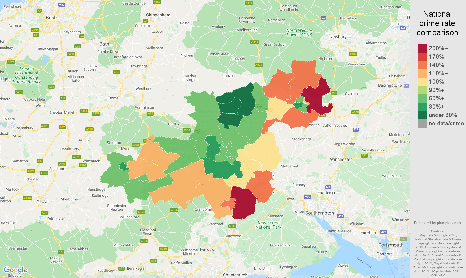 Salisbury burglary crime rate comparison map