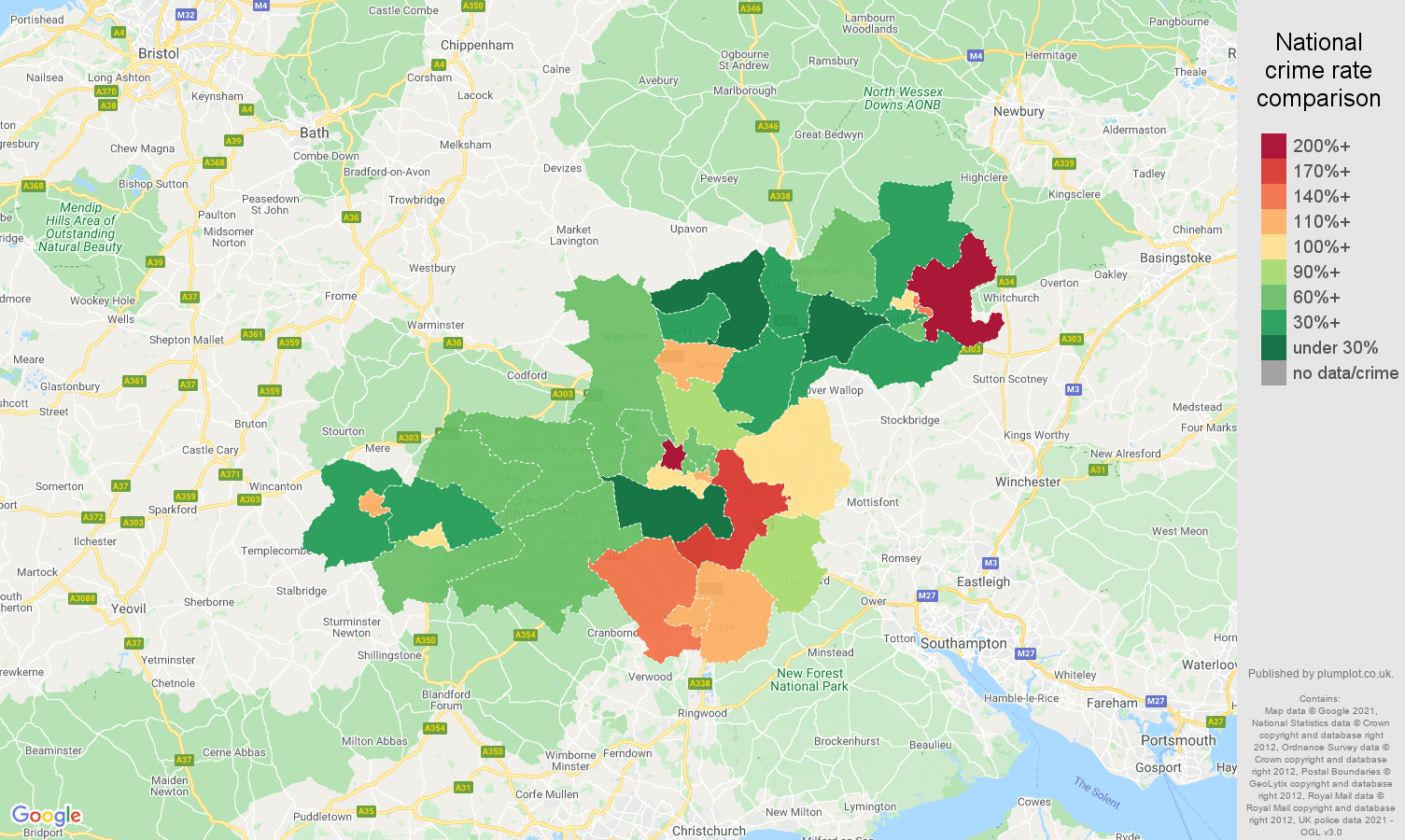 Salisbury criminal damage and arson crime rate comparison map