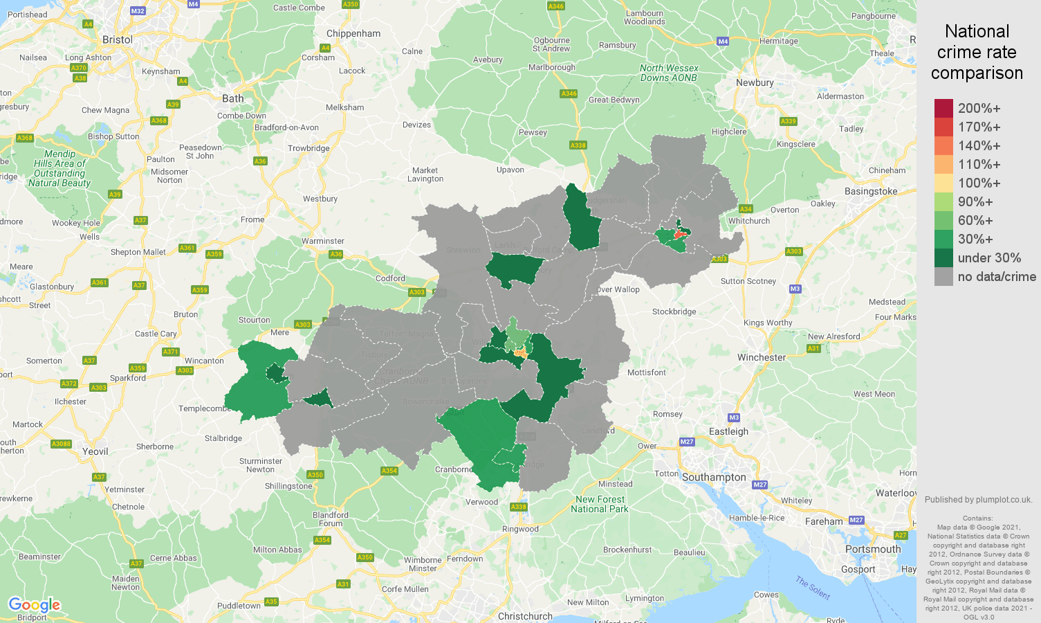 Salisbury theft from the person crime rate comparison map