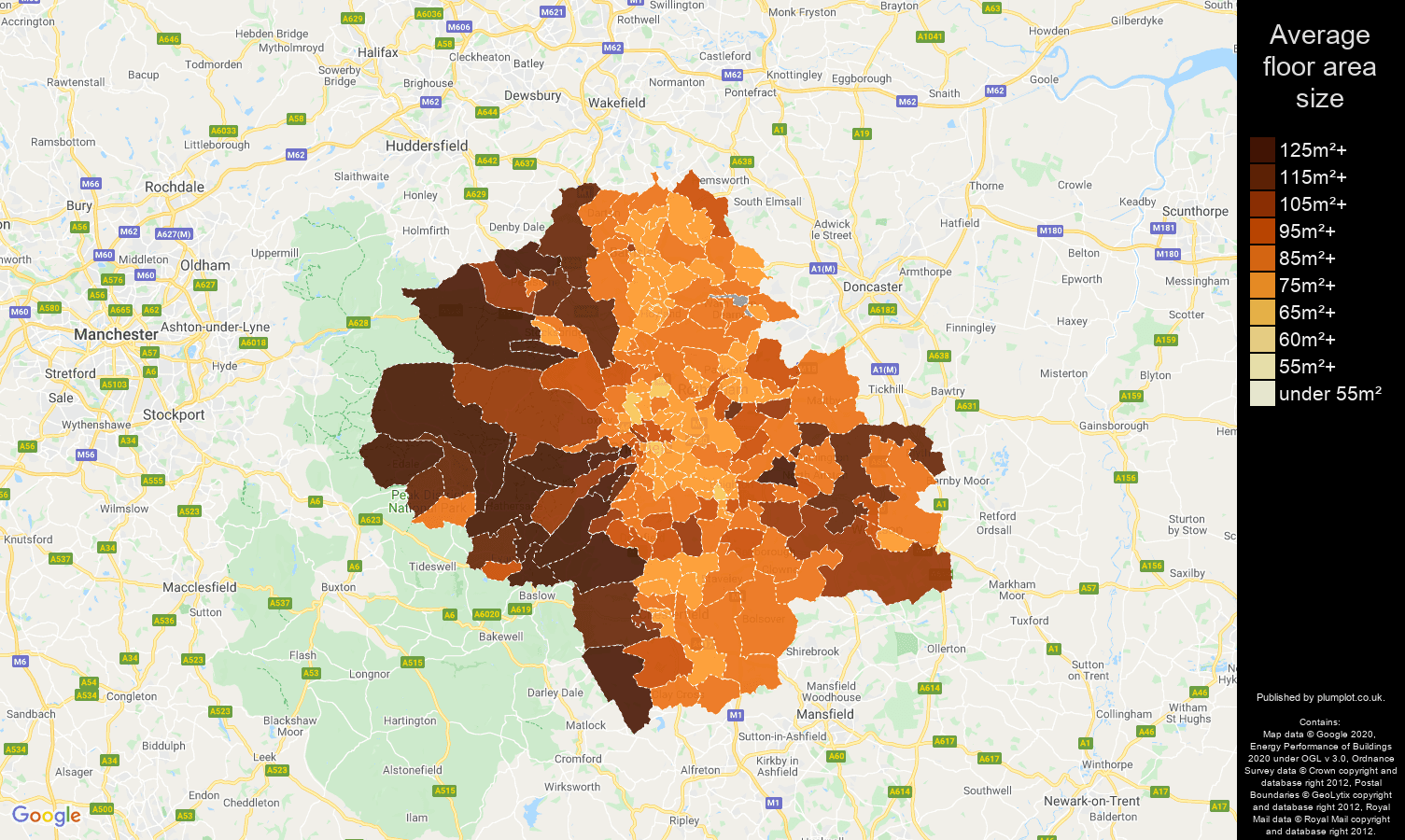 Sheffield map of average floor area size of houses