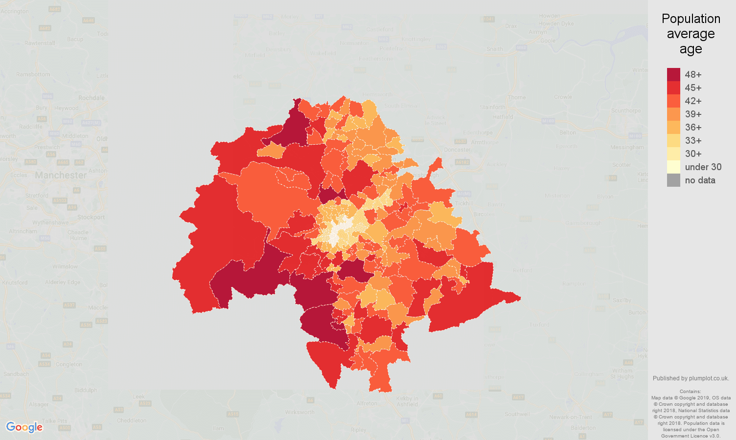 Sheffield population average age map