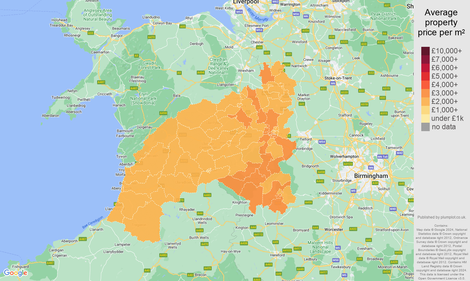 Shrewsbury house prices per square metre map