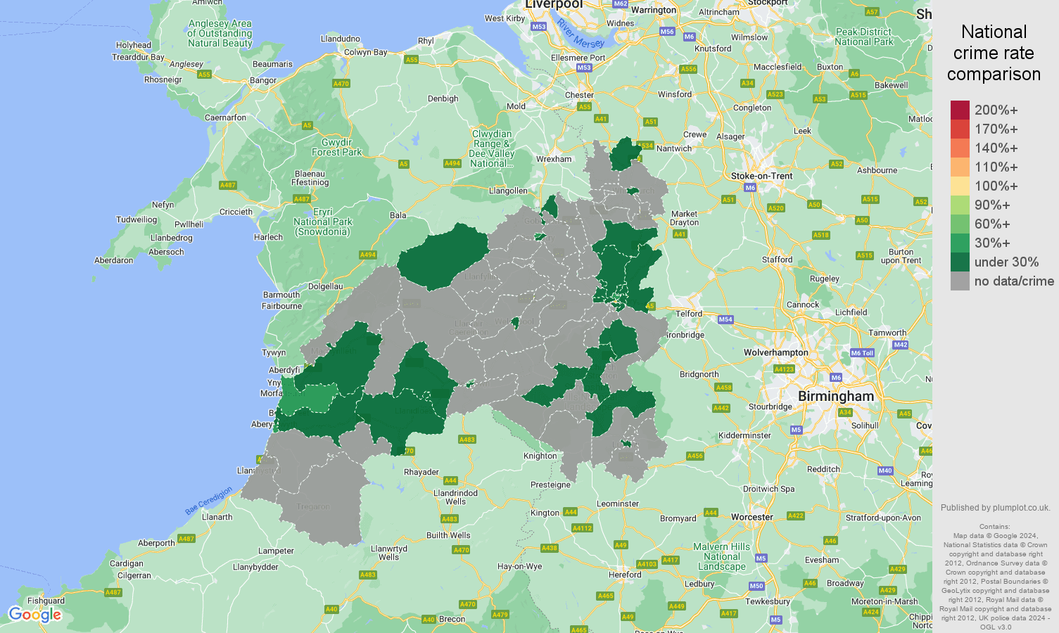 Shrewsbury theft from the person crime rate comparison map
