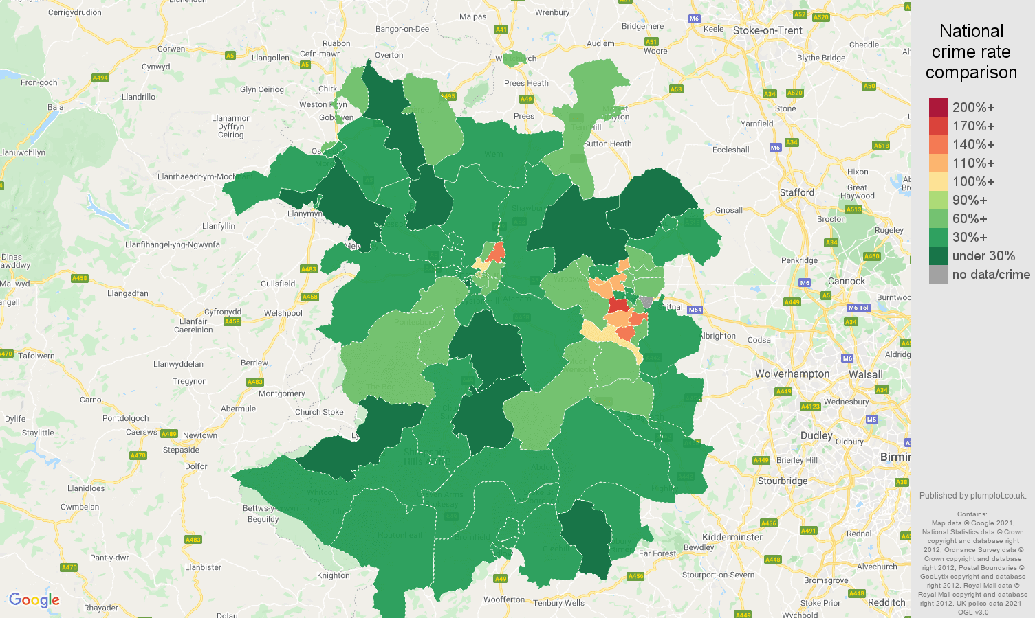 Shropshire antisocial behaviour crime rate comparison map