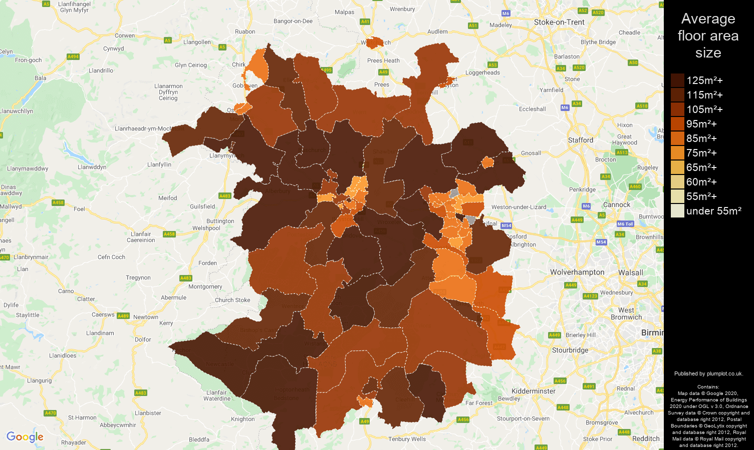 Shropshire map of average floor area size of houses