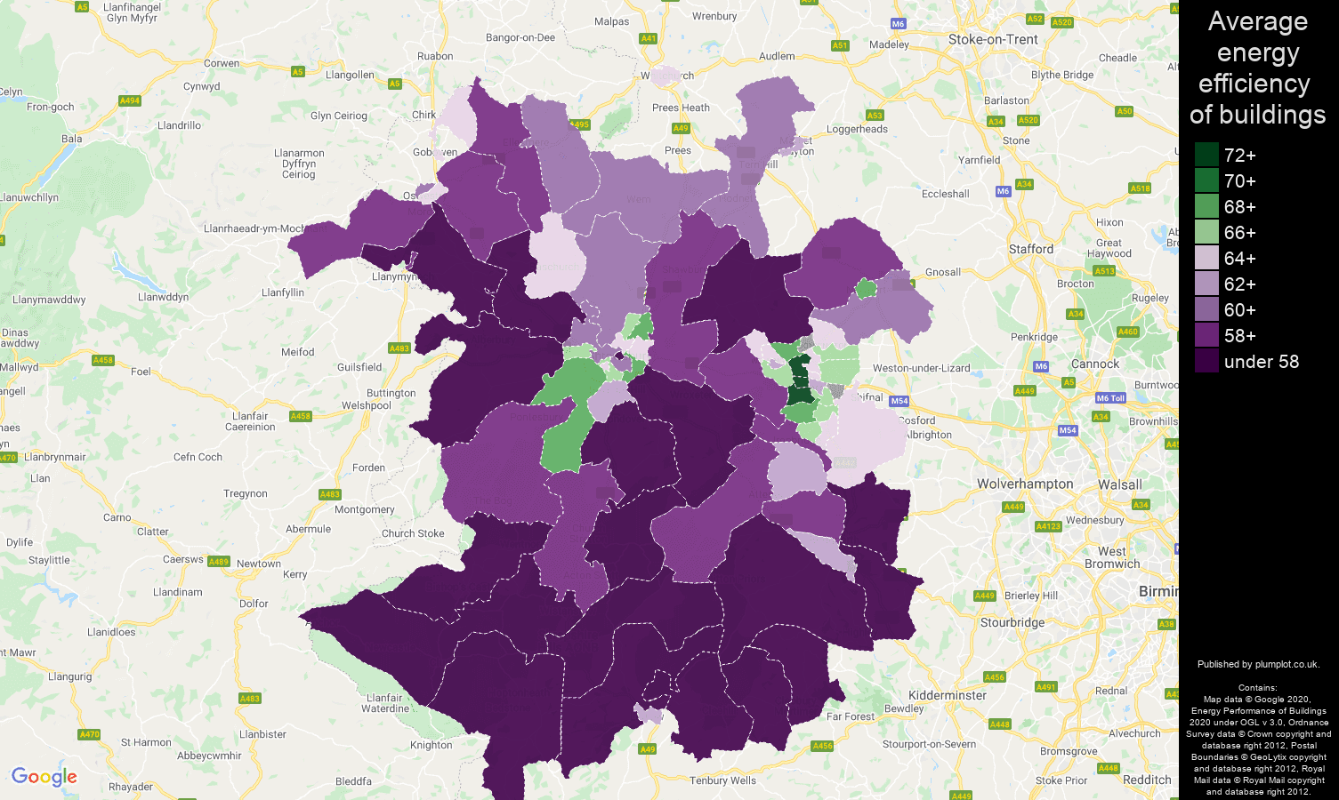 Shropshire map of energy efficiency of houses