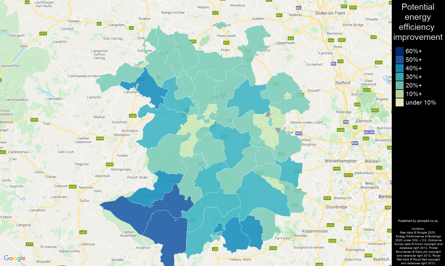 Shropshire map of potential energy efficiency improvement of properties