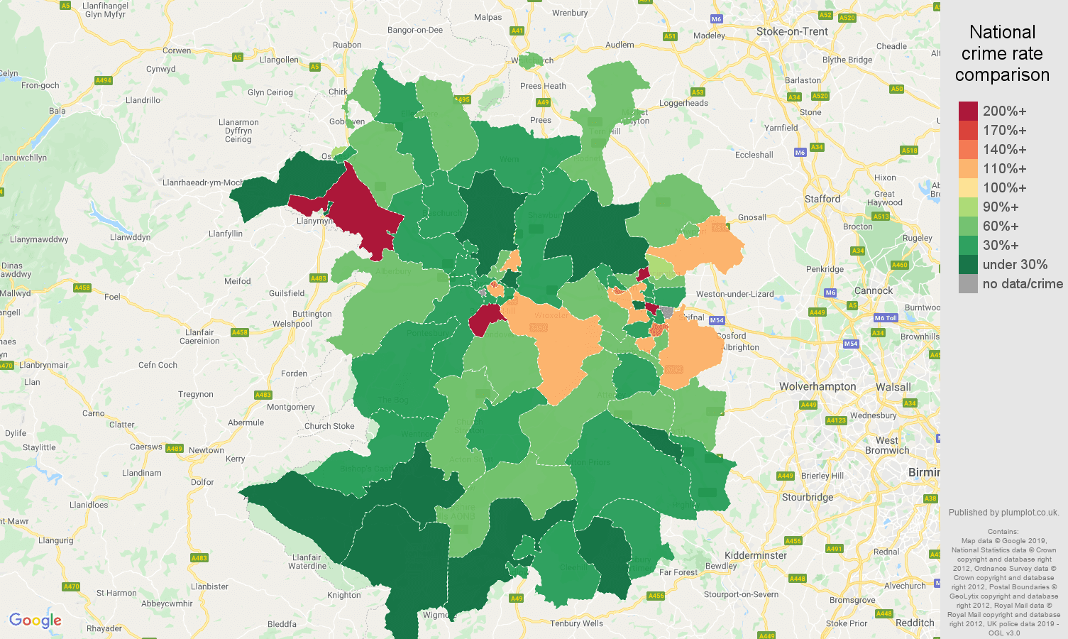 Shropshire other theft crime rate comparison map
