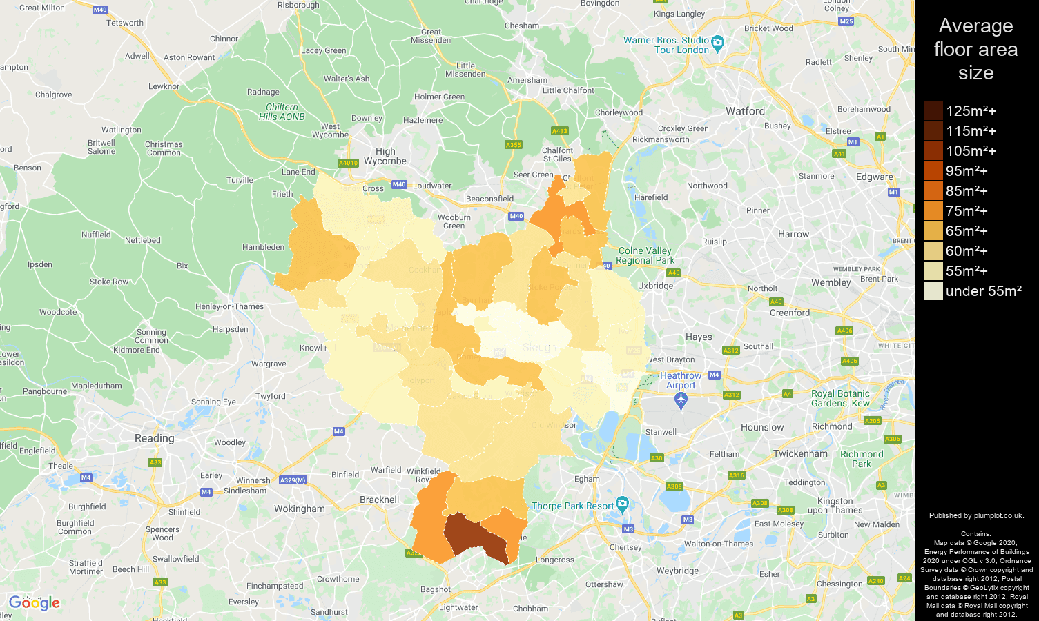 Slough map of average floor area size of flats