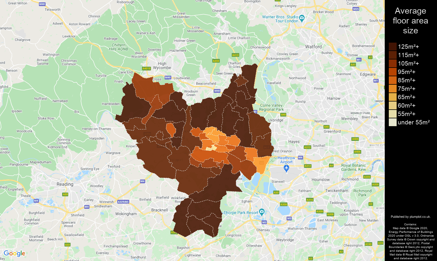Slough map of average floor area size of houses