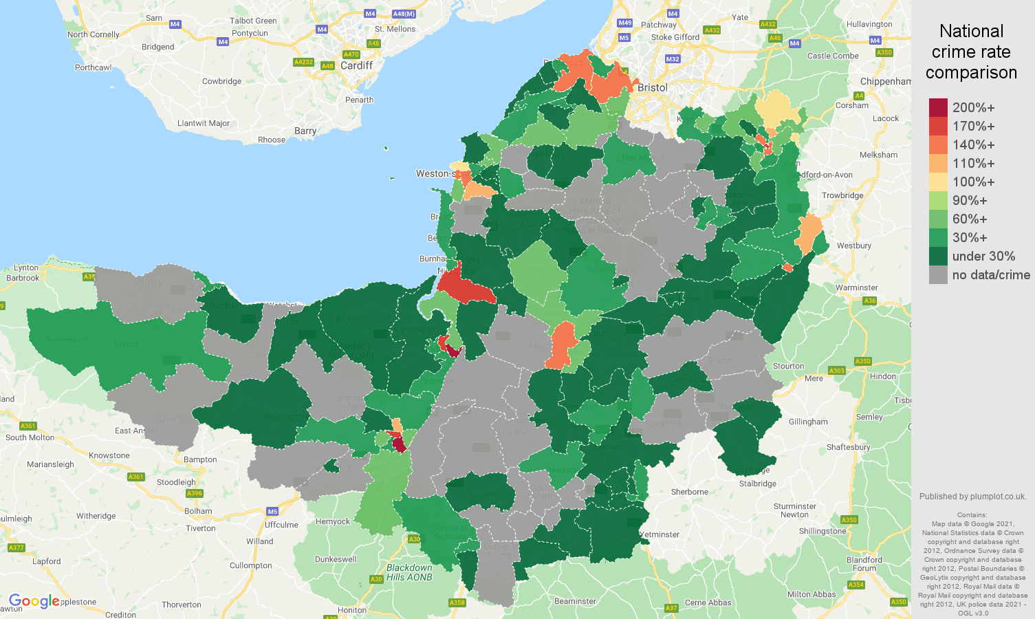 Somerset bicycle theft crime rate comparison map
