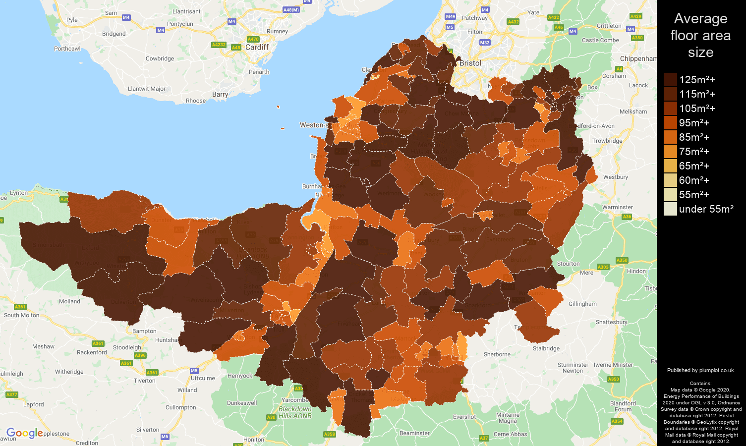 Somerset map of average floor area size of houses