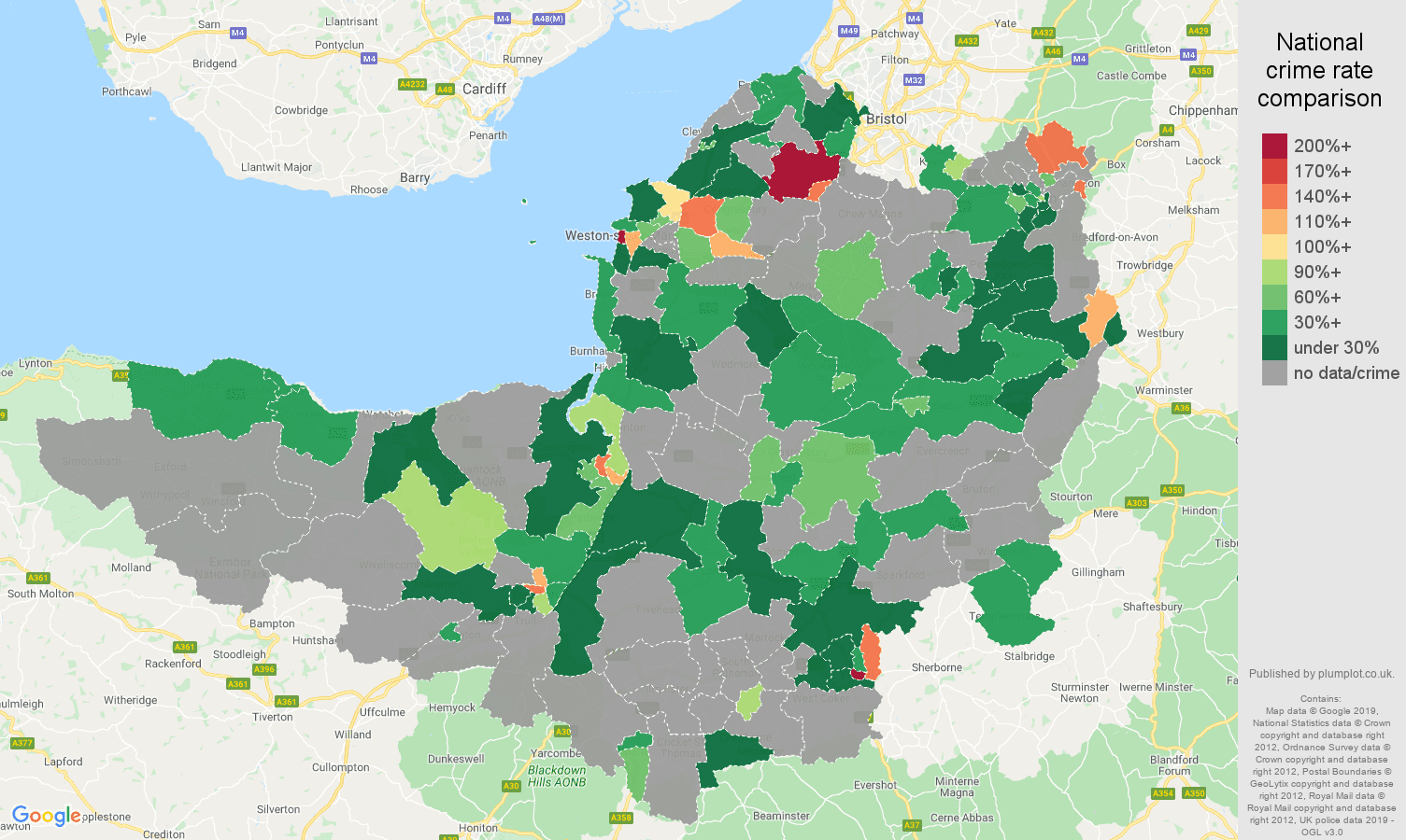 Somerset possession of weapons crime rate comparison map