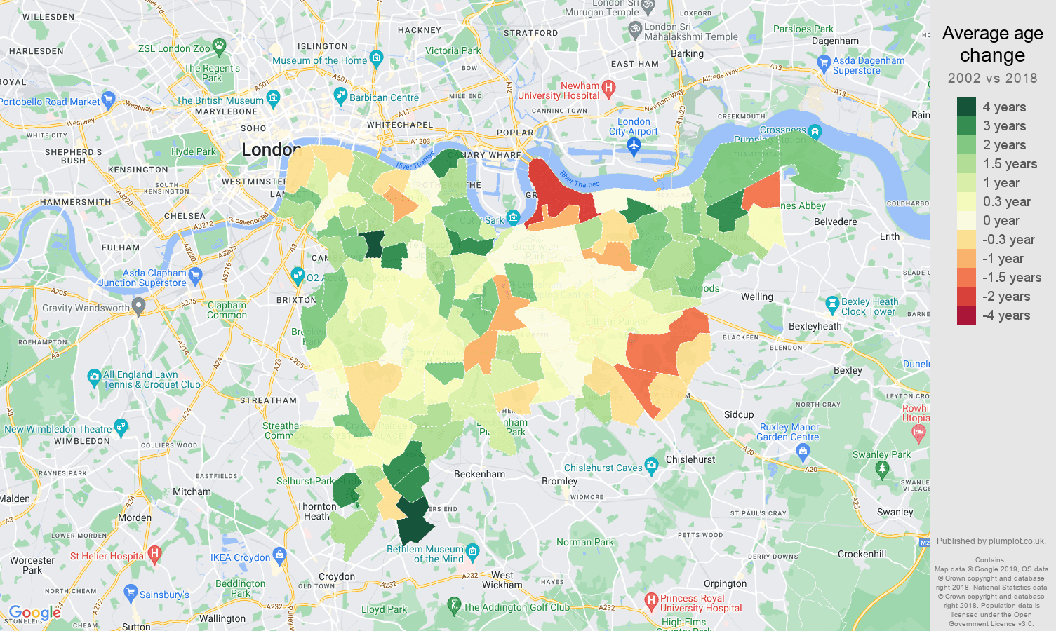 South East London average age change map