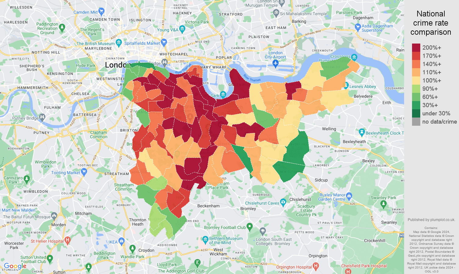 South East London burglary crime rate comparison map