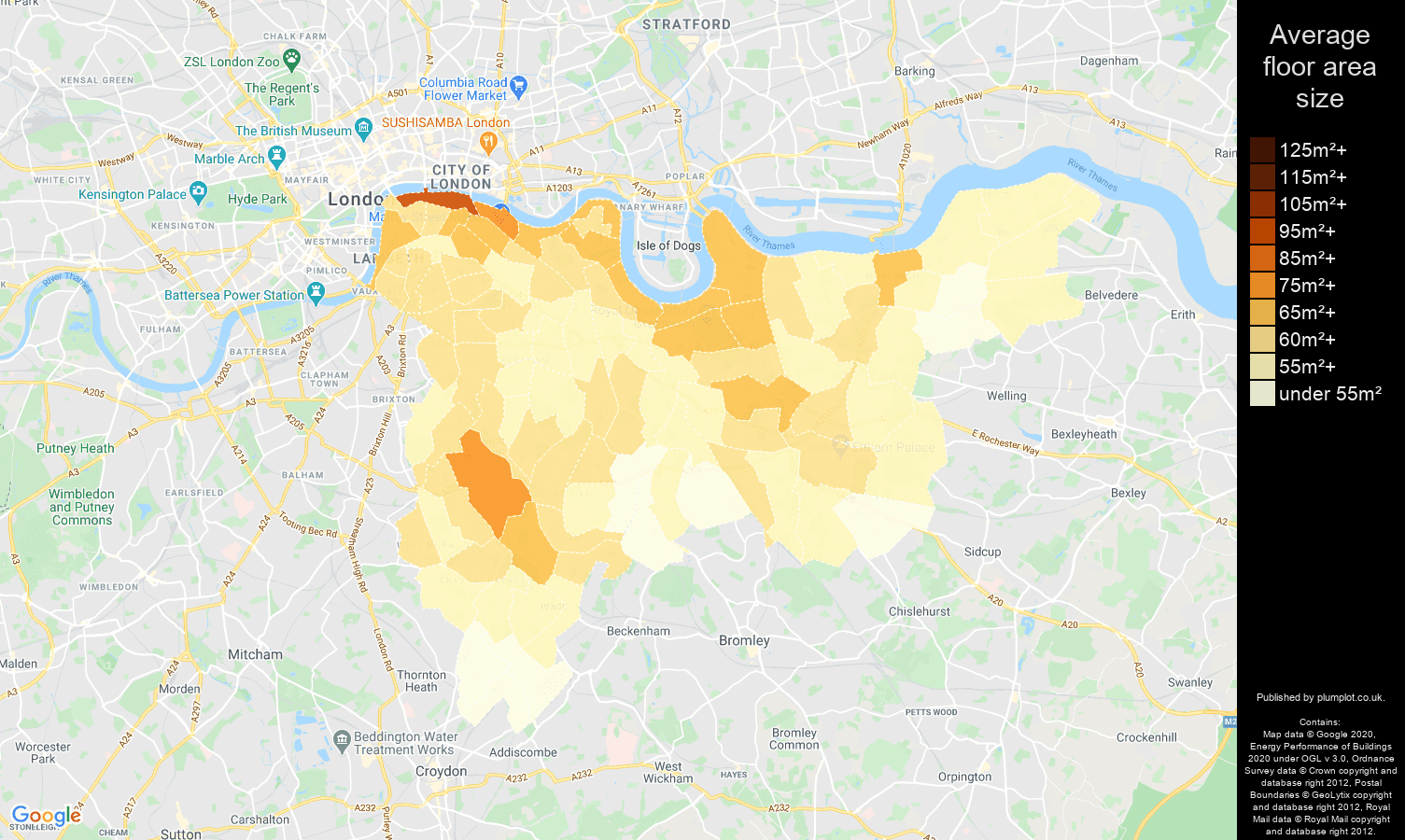 South East London map of average floor area size of flats