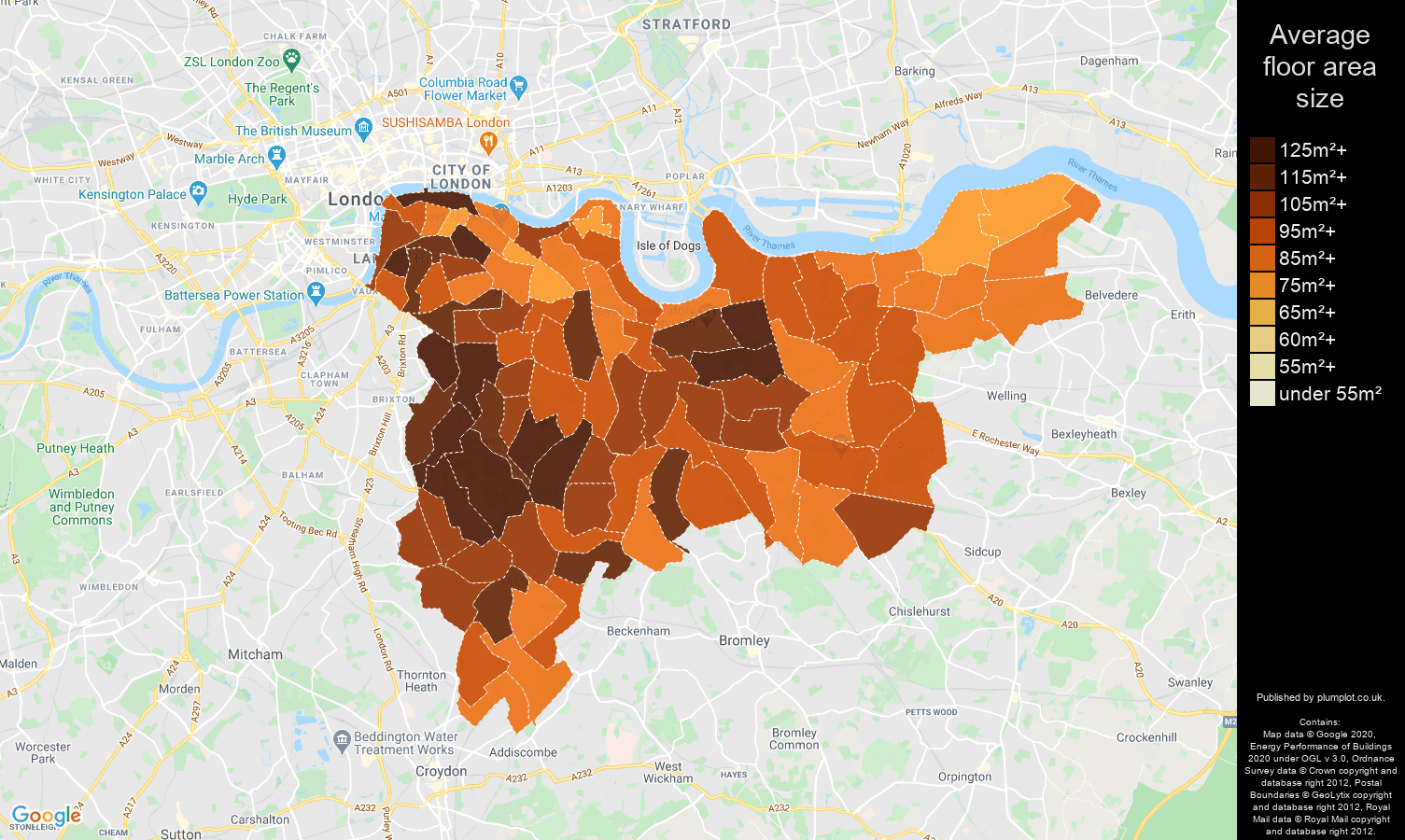 South East London map of average floor area size of houses