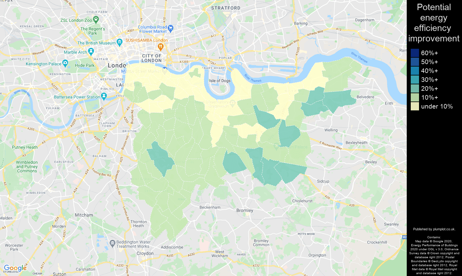 South East London map of potential energy efficiency improvement of properties
