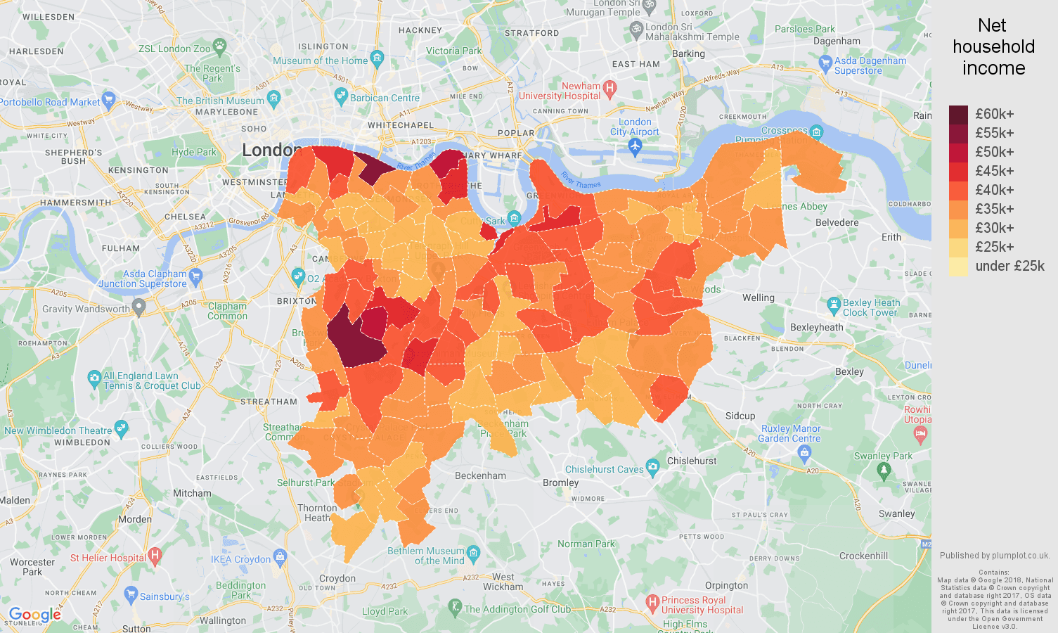 South East London net household income map